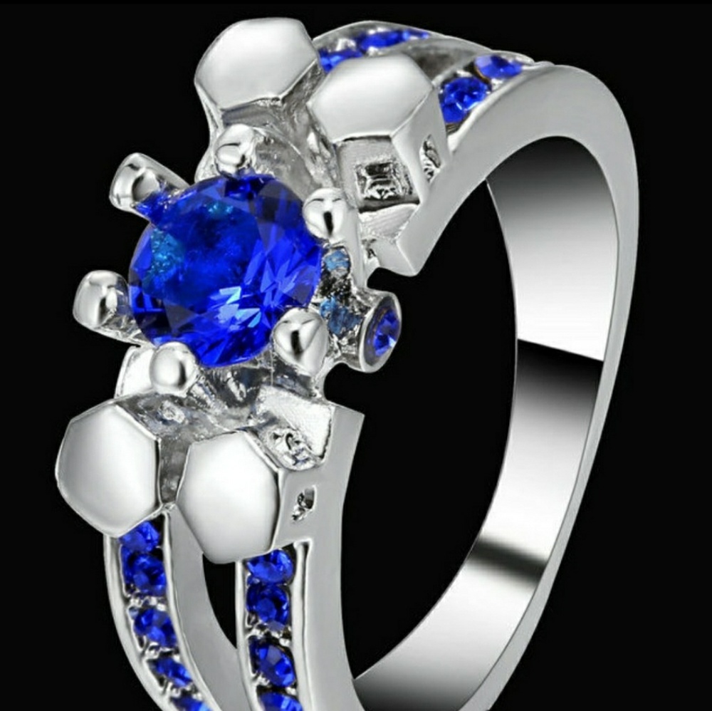 White Gold filled Blue Sapphire CZ crystal Ring